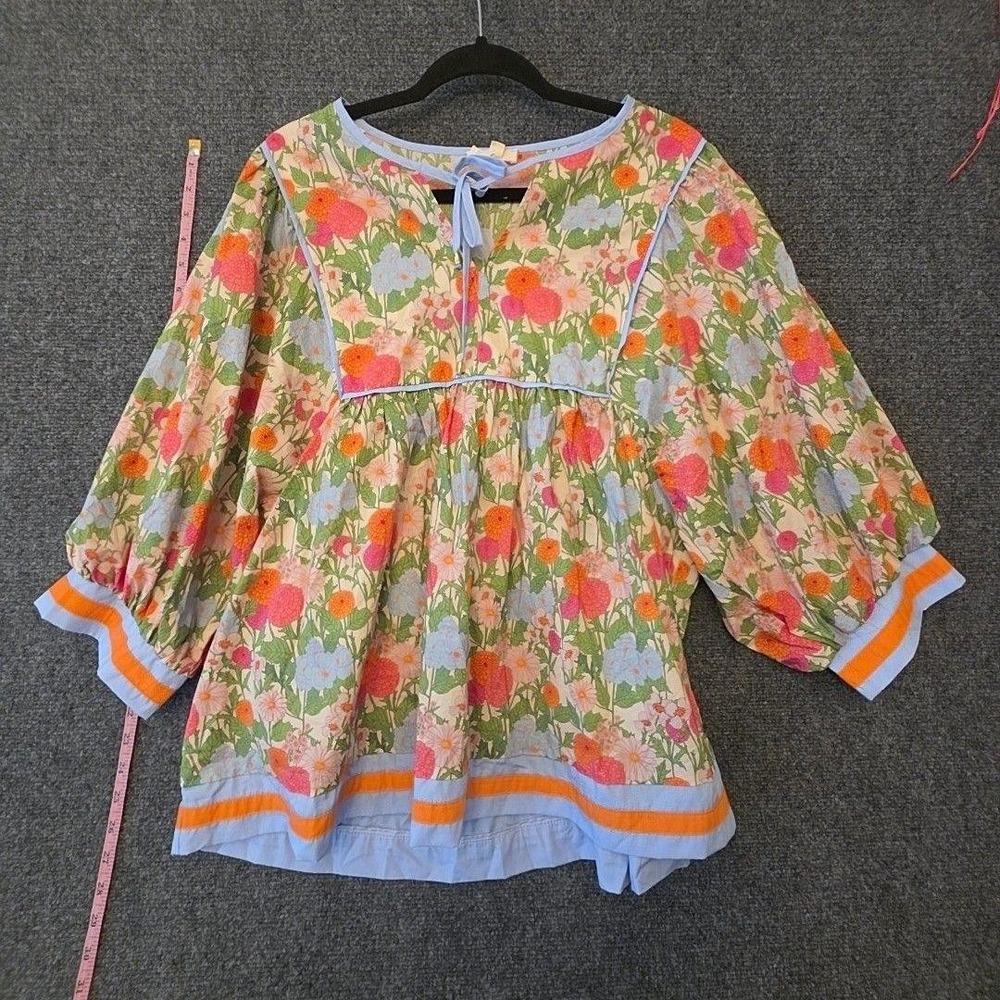 Entro Blouse Womens 1X Multicolor Floral Balloon Sleeve Peasant Tunic Top Boho